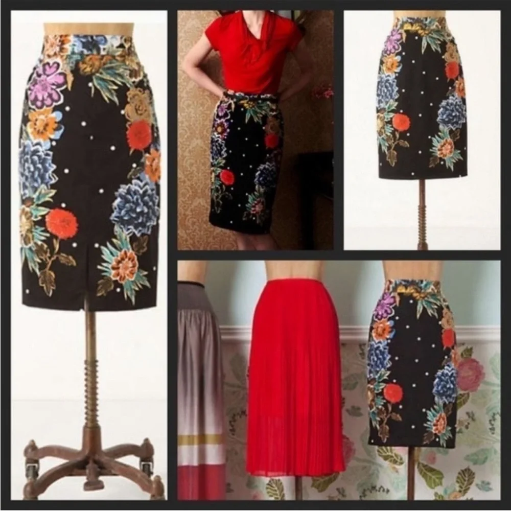 ANTHROPOLOGIE YOANA BARASCHI BLACK FLORAL PENCIL SKIRT 6